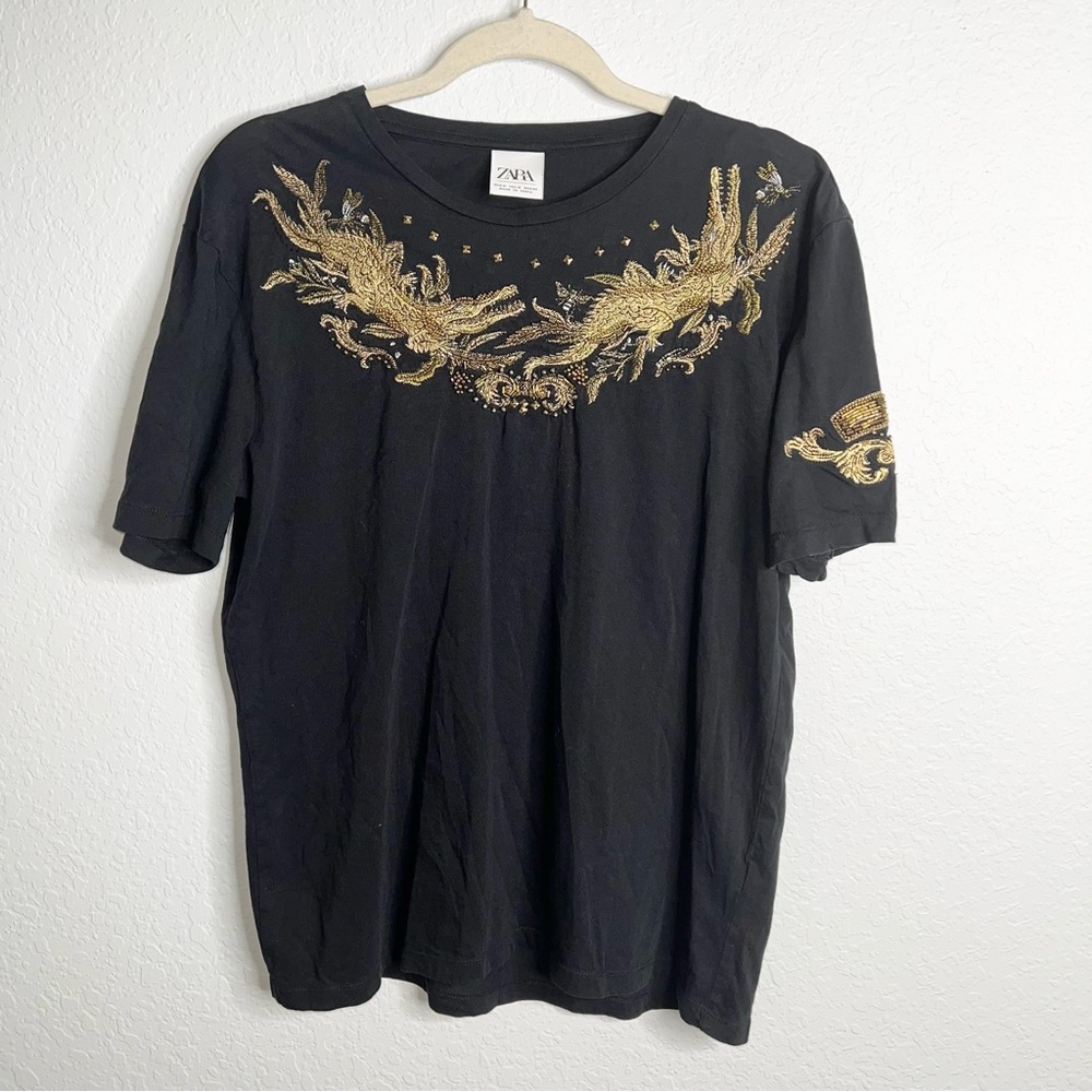 Zara Men T-Shirt Size Medium Black Embroidered Dragon Bumble Bee Studded A6